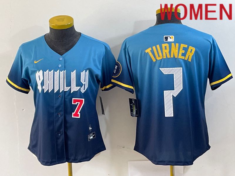 Women Philadelphia Phillies 7 Turner Blue City Edition Nike 2024 MLB Jersey style 2